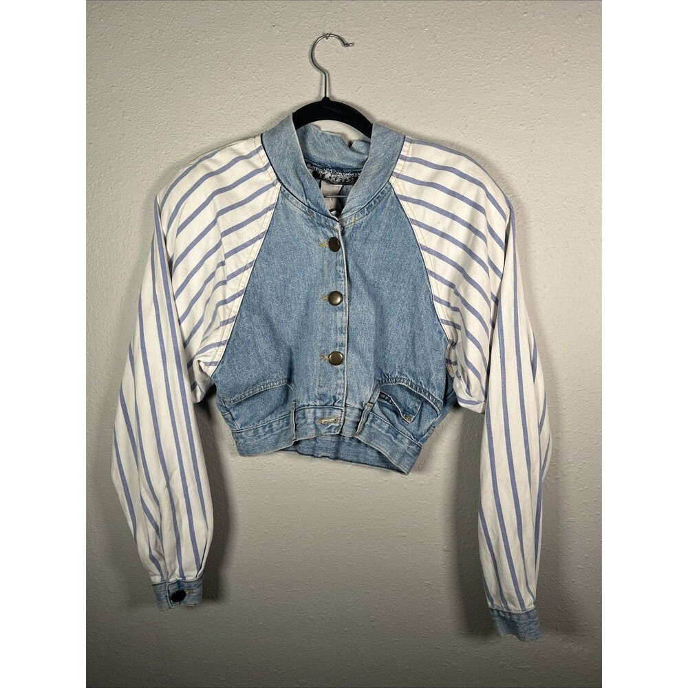 Up Cycled Cropped Denim Jacket w/ Striped Blue Sleeves #11